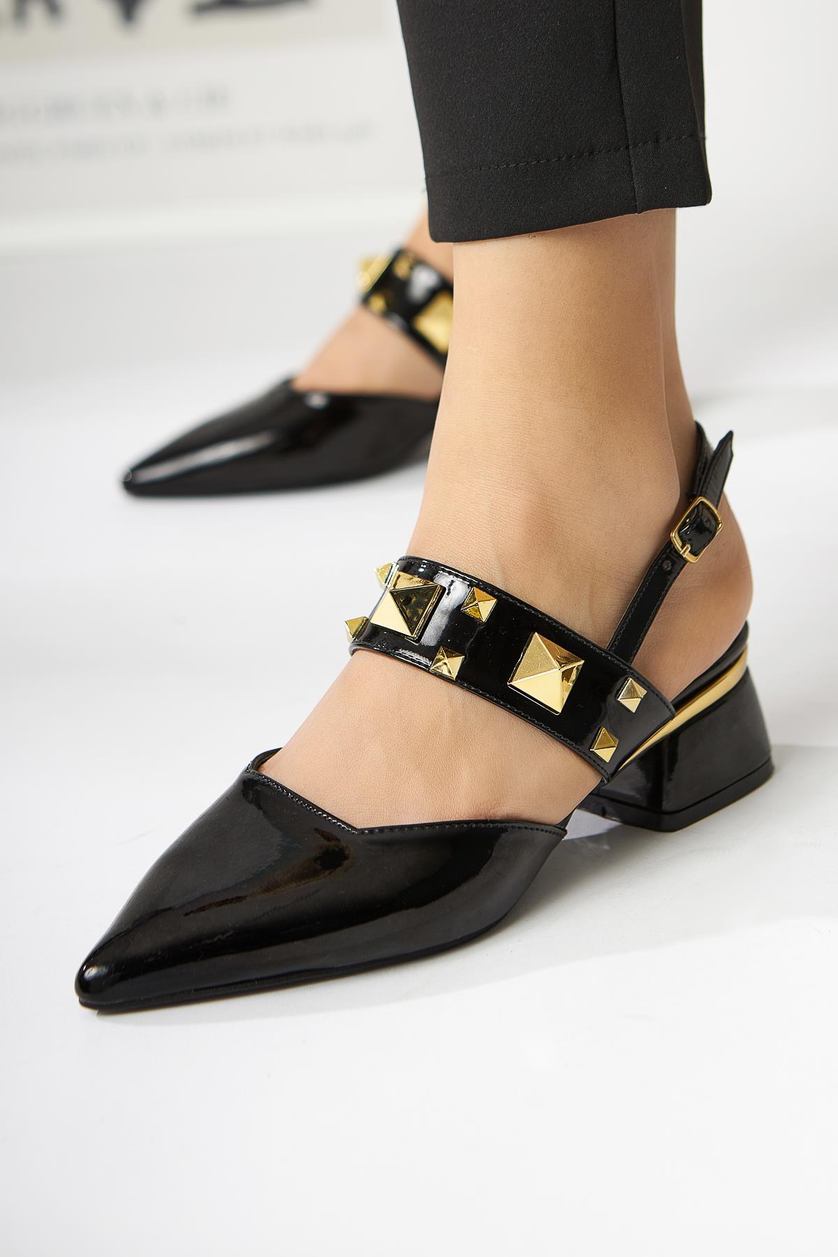 Nicoline Black Patent Pointed Toe Pyramid Studded Thick Strap Short Heeled Women’s Shoes