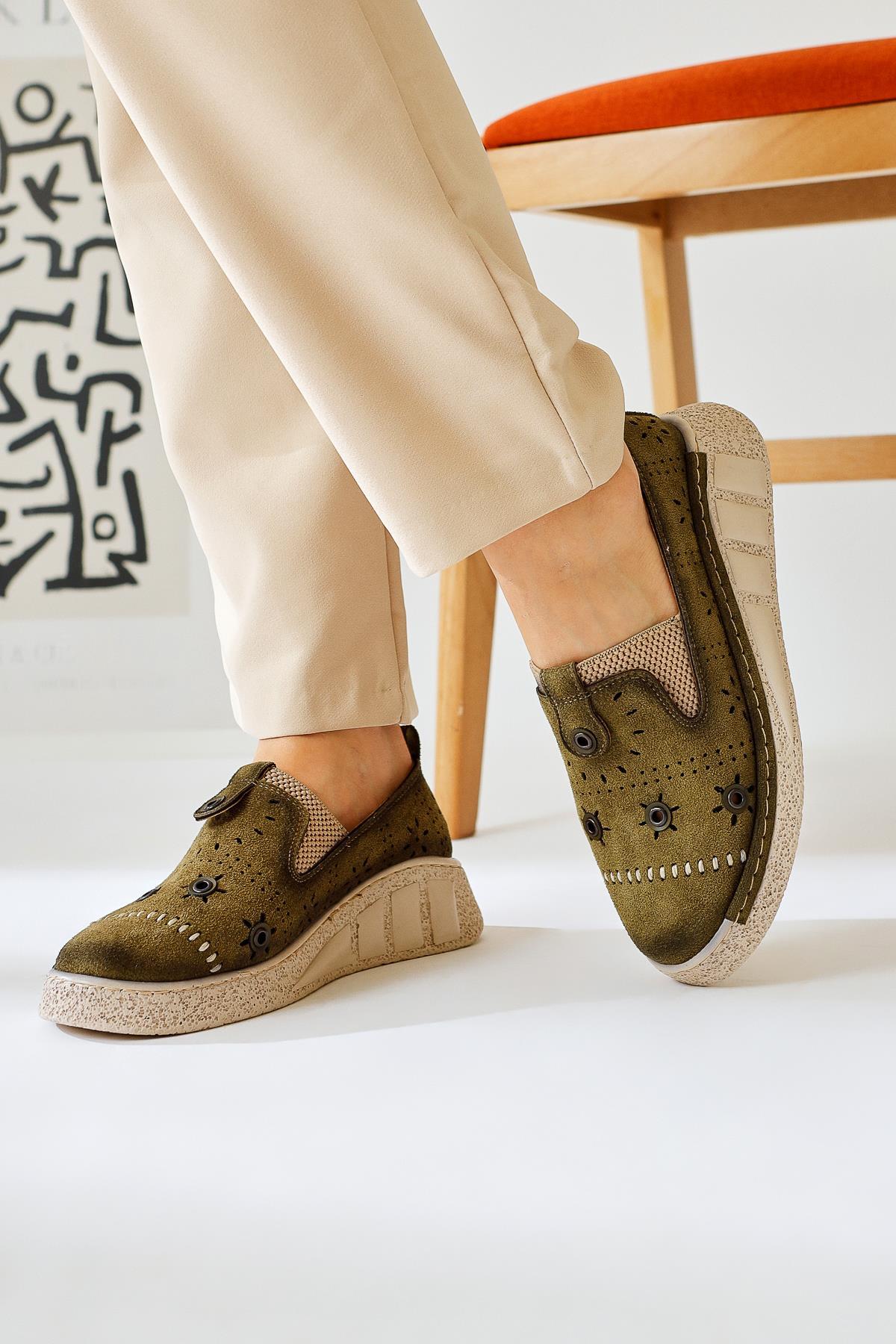 Bethina Olive Suede Flat with Rivet Details and Laser Cutouts