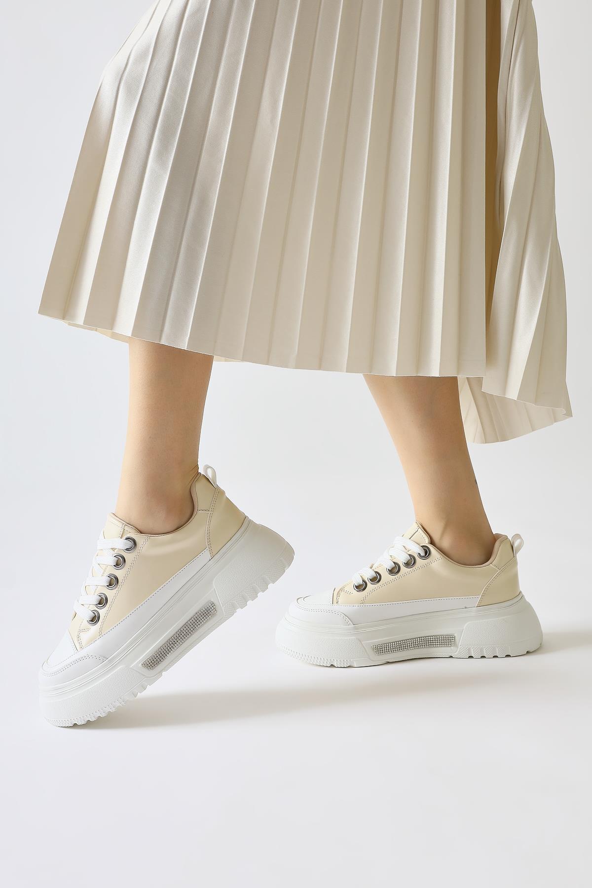 Rosella Beige Thick Sole Stone Detailed Lace-up Sneakers