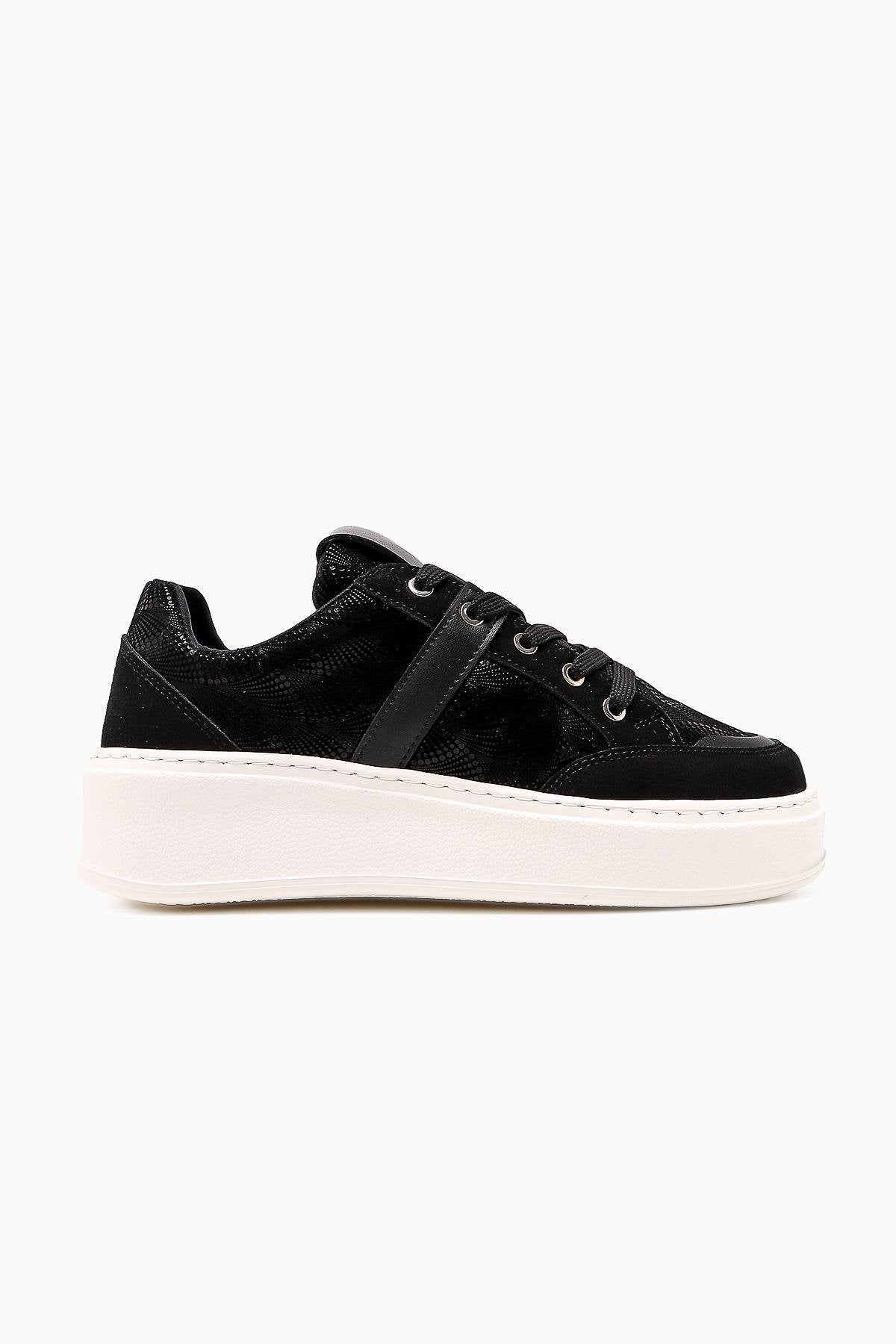 Julissa – Black Suede Shiny-Pattern Thick Sole Sneakers (Women)