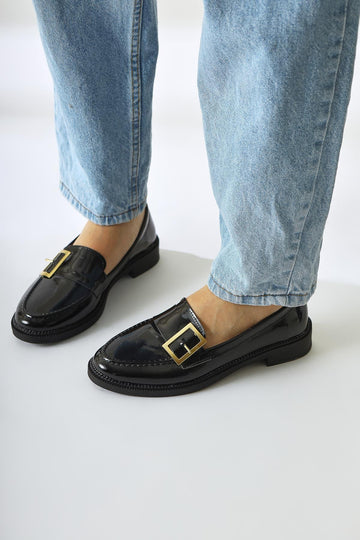 Arnesa Black Patent Leather Everyday Shoe with Buckle Detail