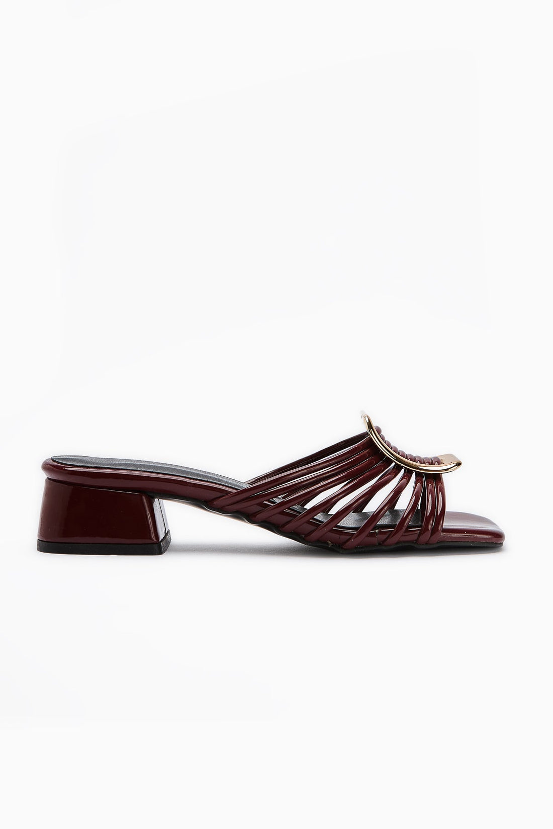 Greta Maroon Patent Leather Thick Buckle Low Heel Women's Slippers