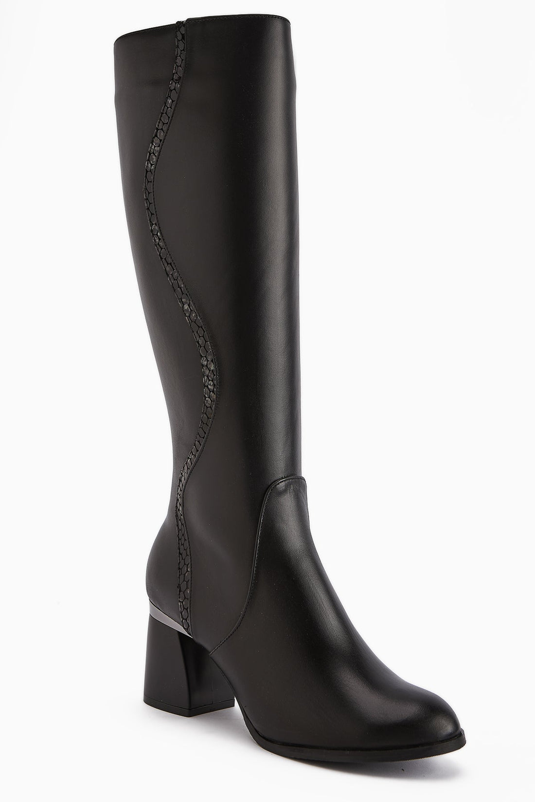 Kaylin – Genuine Leather Black Snake-Pattern Detail Heeled Knee-High Boot (Women)