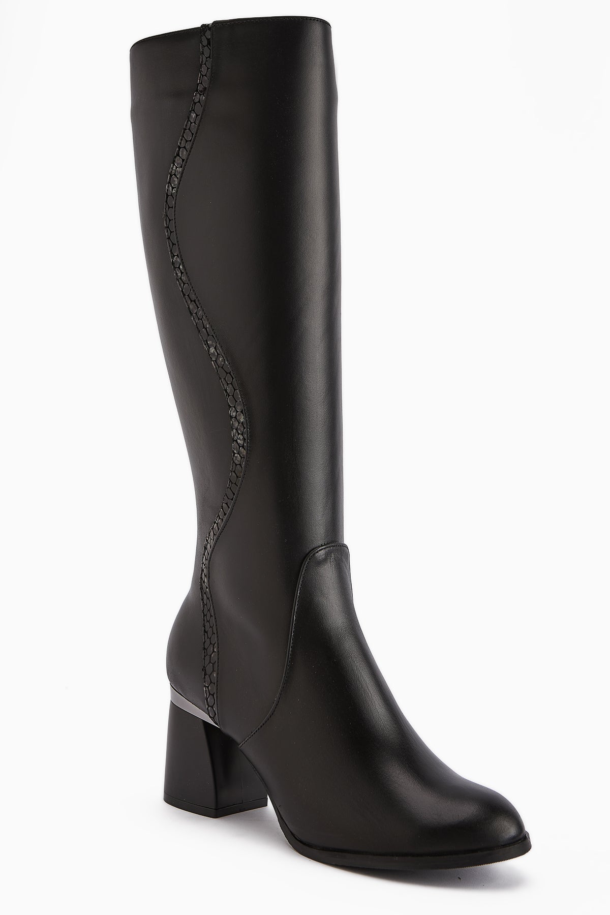 Kaylin – Genuine Leather Black Snake-Pattern Detail Heeled Knee-High Boot (Women)
