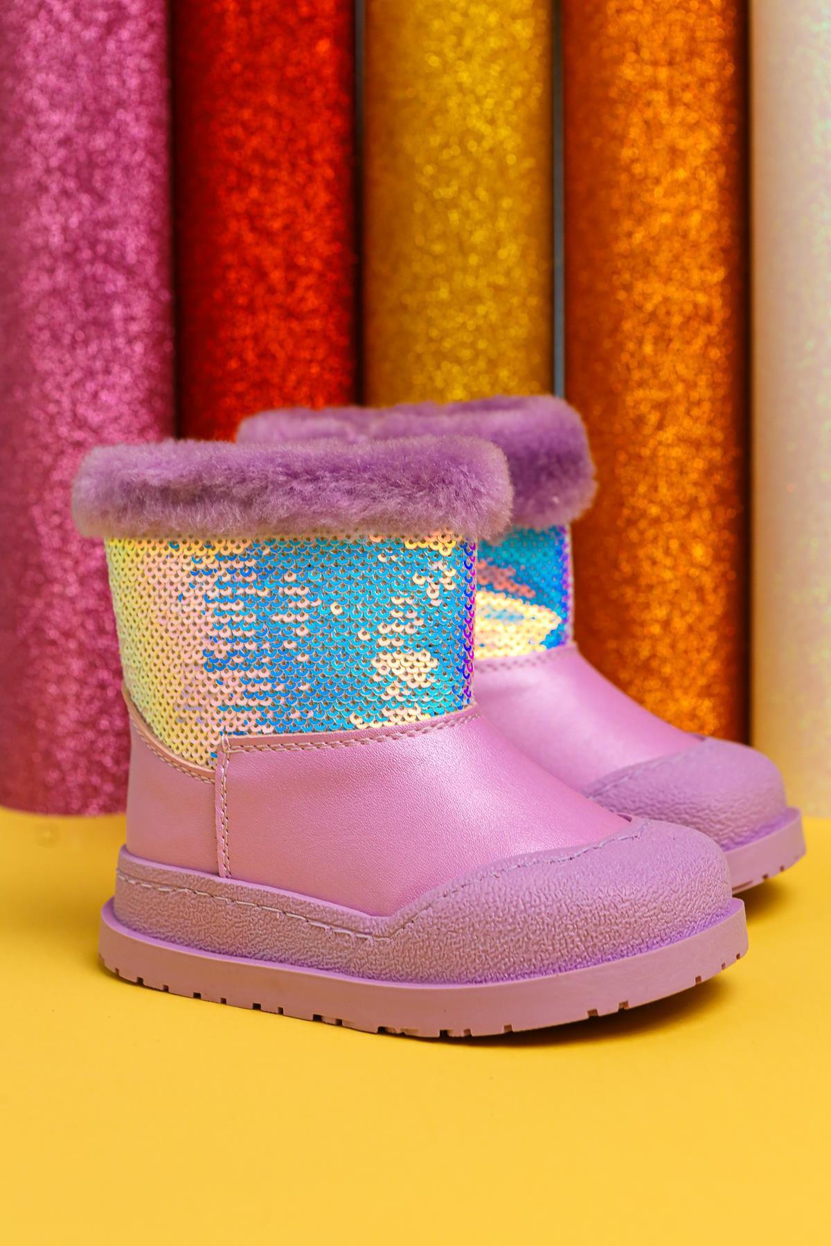Eleen Lilac Sequined Fur-Lined Baby Boots