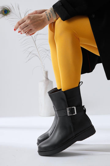 Behnoush Black Oval Toe Buckle Detailed Boots