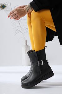 Behnoush Black Oval Toe Buckle Detailed Boots