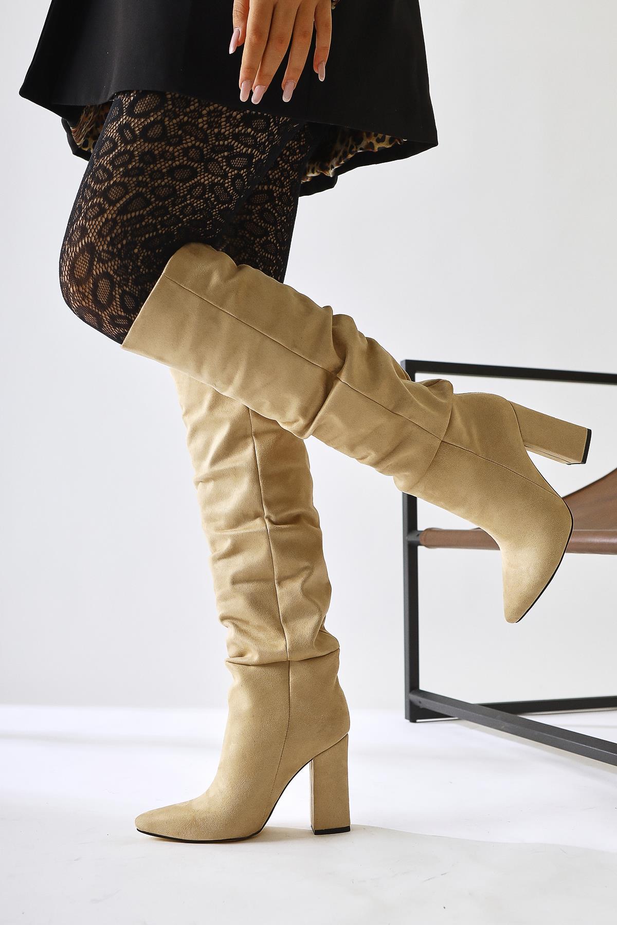 Loren Beige Suede Pointed-Toe High-Heeled Knee Boots