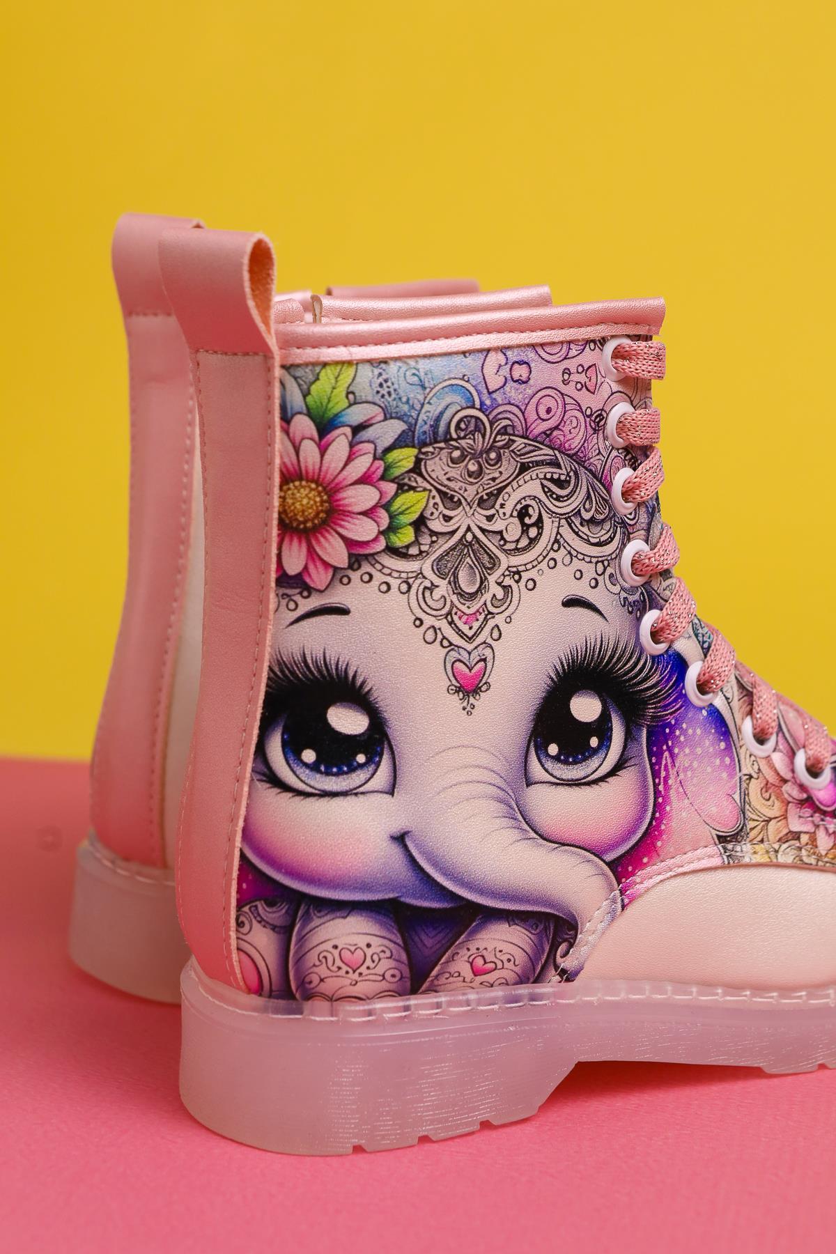 Elodie Mother of Pearl Cartoon Character Print Lace-Up Kids' Boots