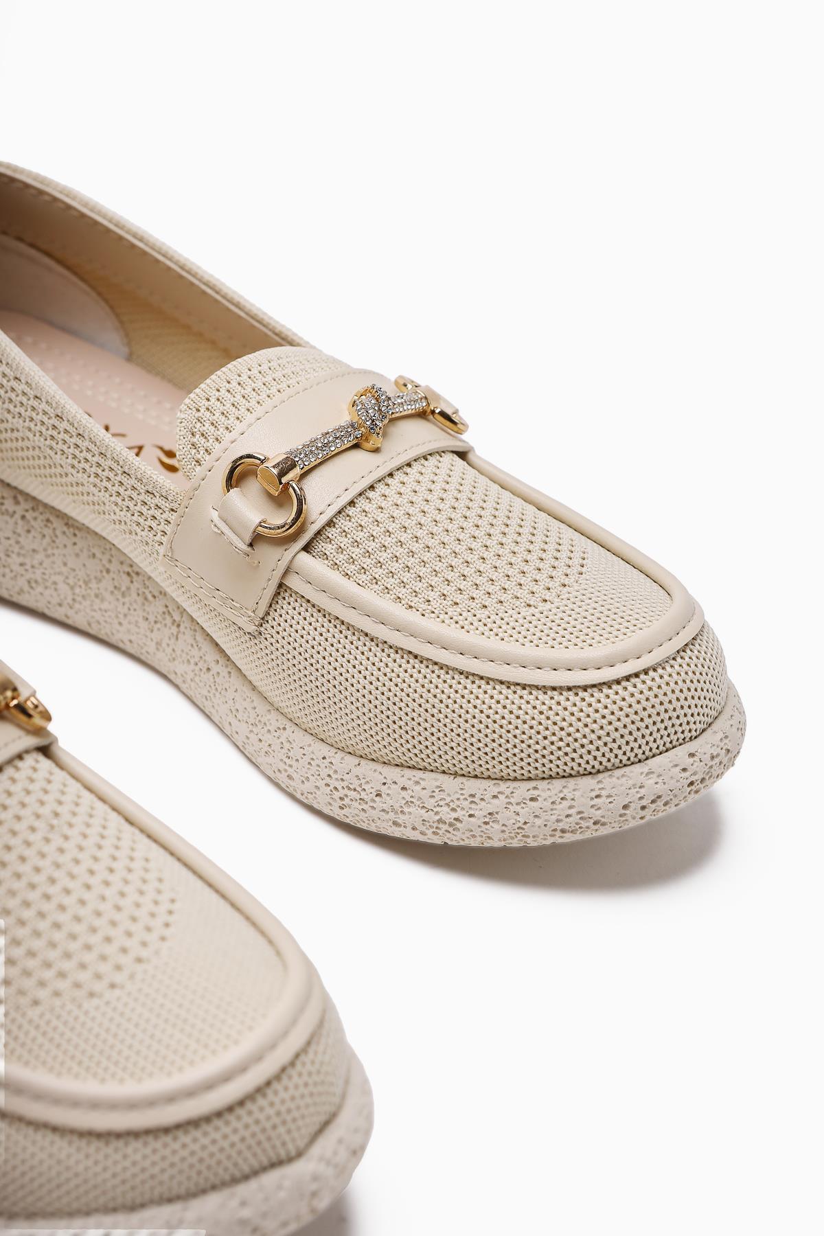 Alea Nude Woven Rhinestone Buckle Detail Casual Shoes