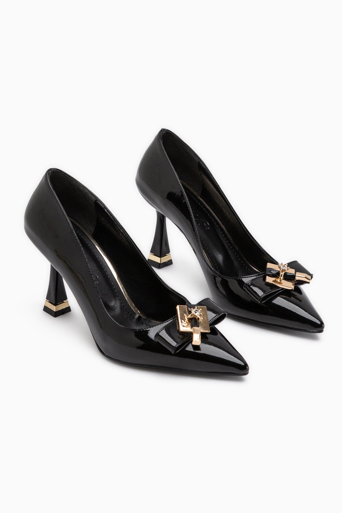 Mimosa Black Patent Pointed Toe Single Stone Buckle Detailed Women’s Heeled Shoes
