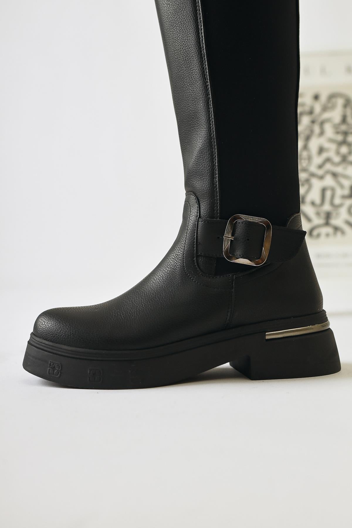 Faria Black Scuba Fabric Detail Buckled Chunky Sole Boot