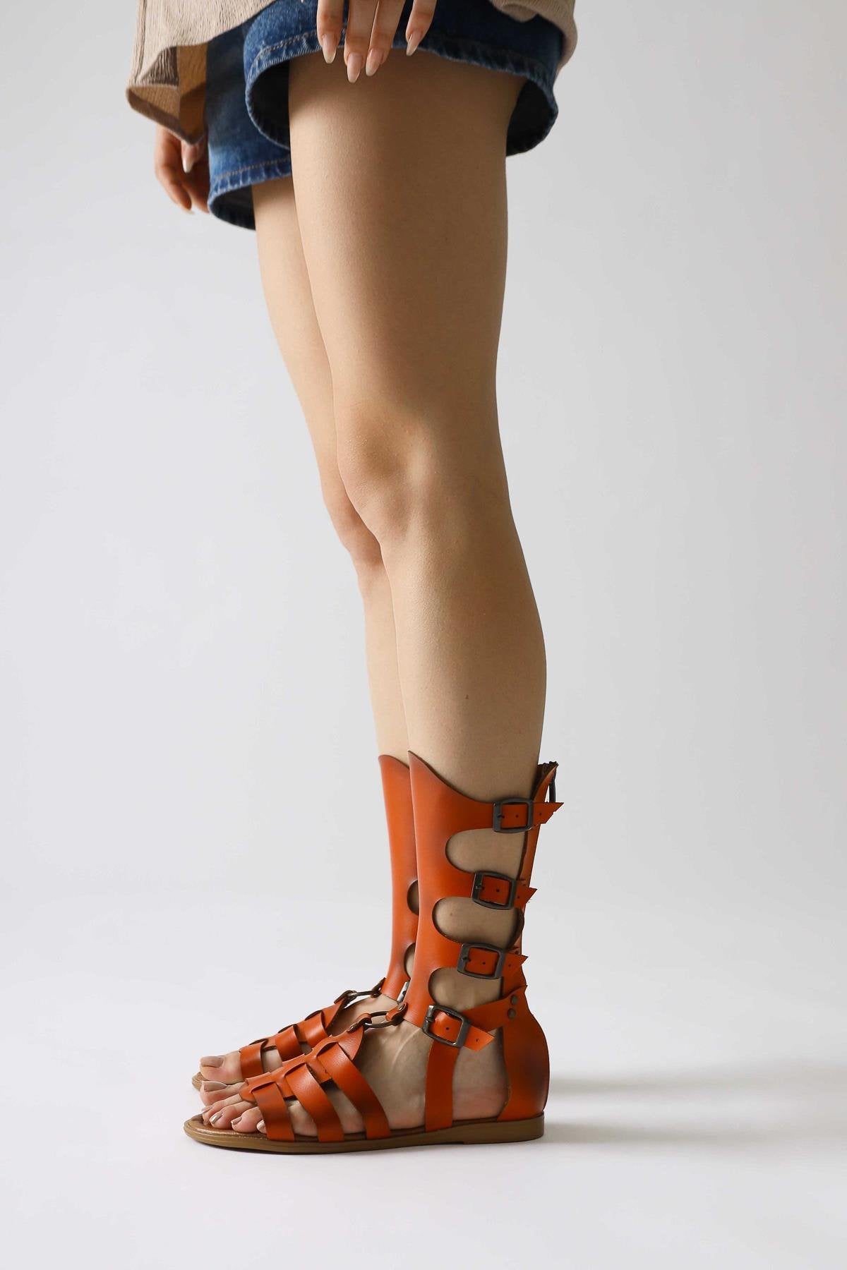 Baisa Genuine Leather Flat Sandals in Orange with Buckle Detail