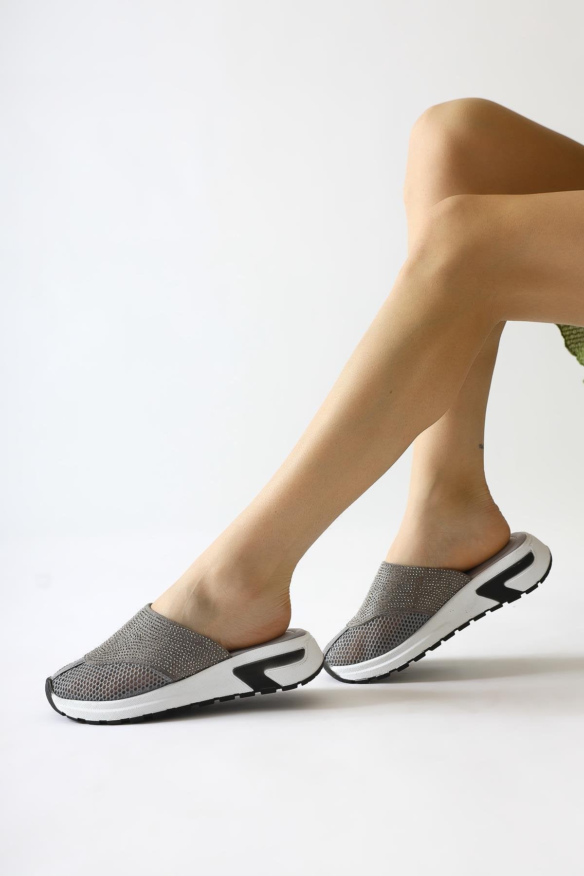 Suma Grey Mesh Detailed Stone Embellished Slippers