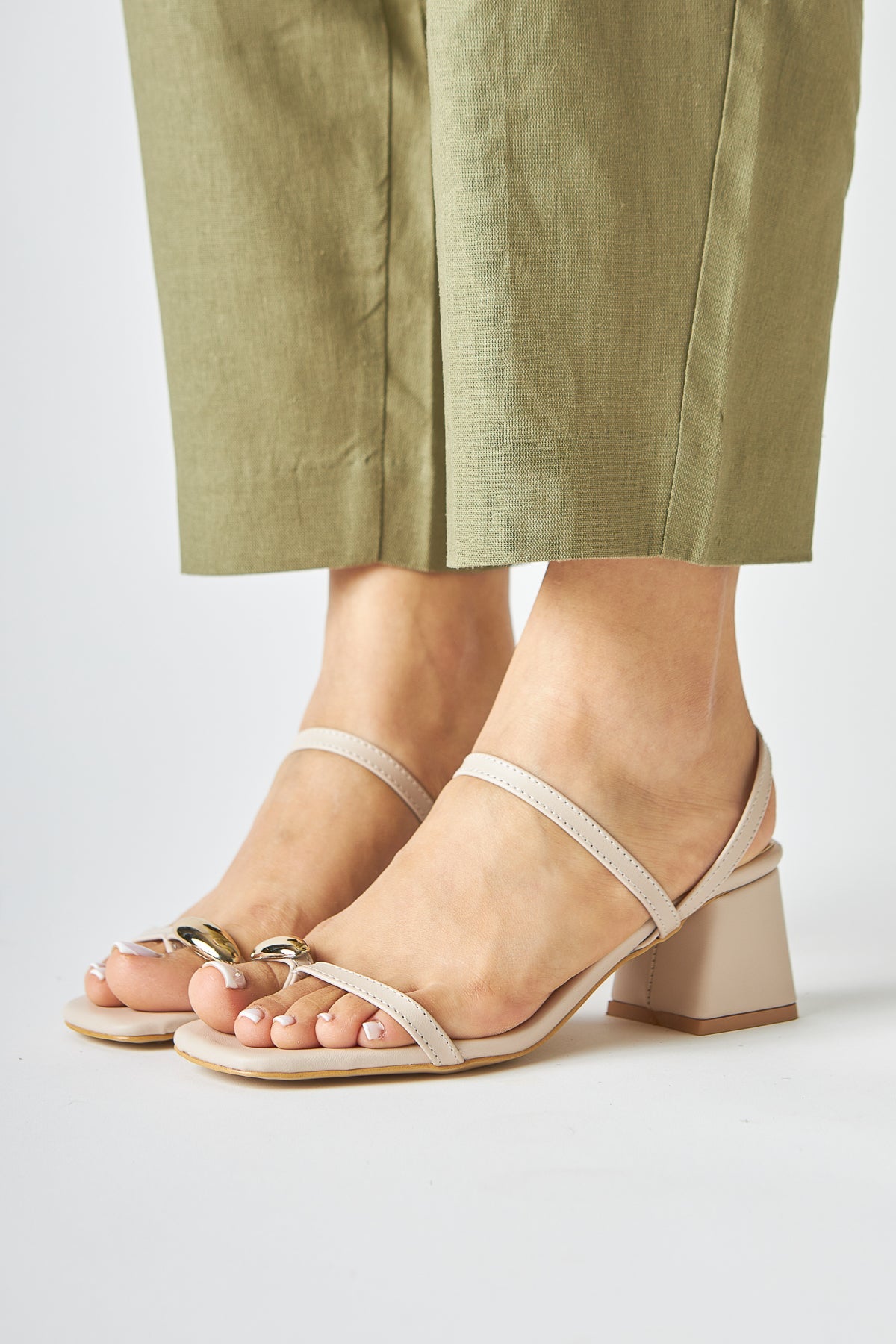 Selenya Beige Thong Sandals with Buckle Detail for Women