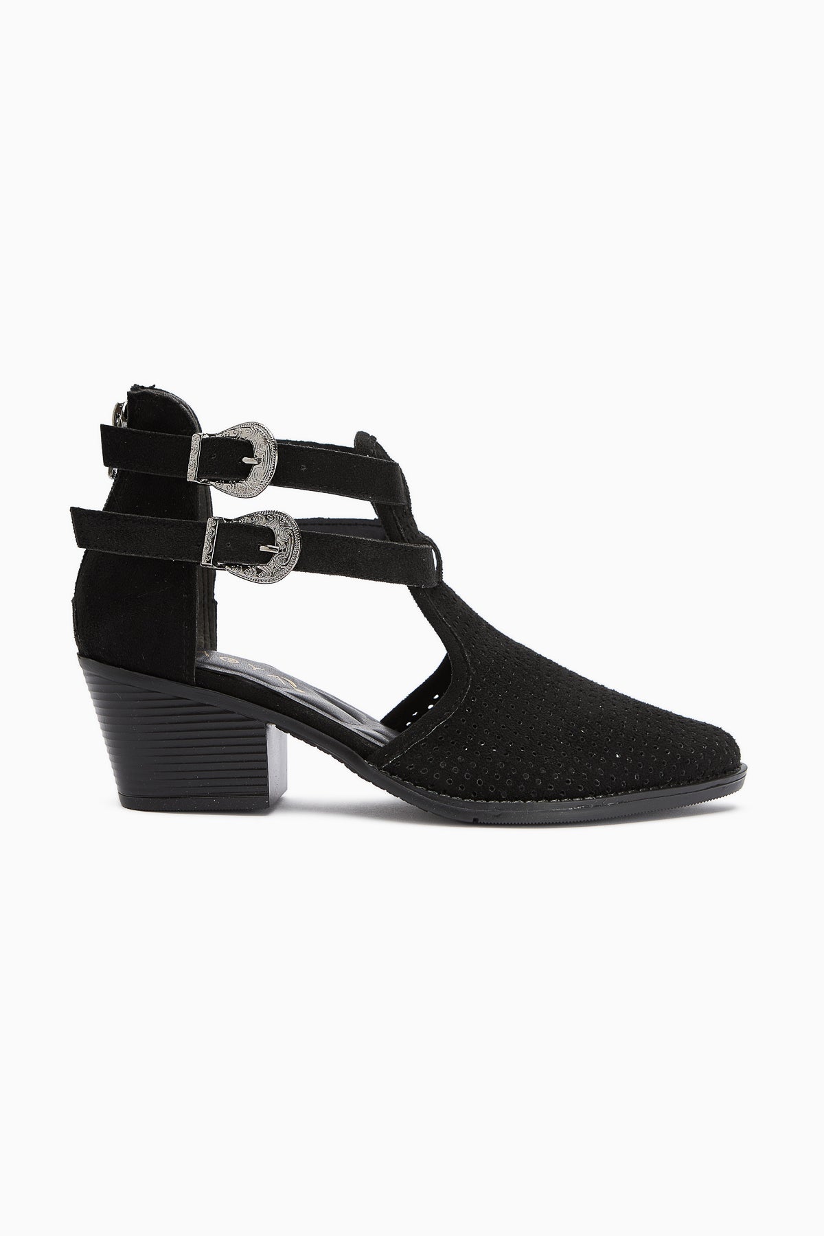 Carin Black Suede Women's Summer Boots with Buckle Detail and Back Zipper