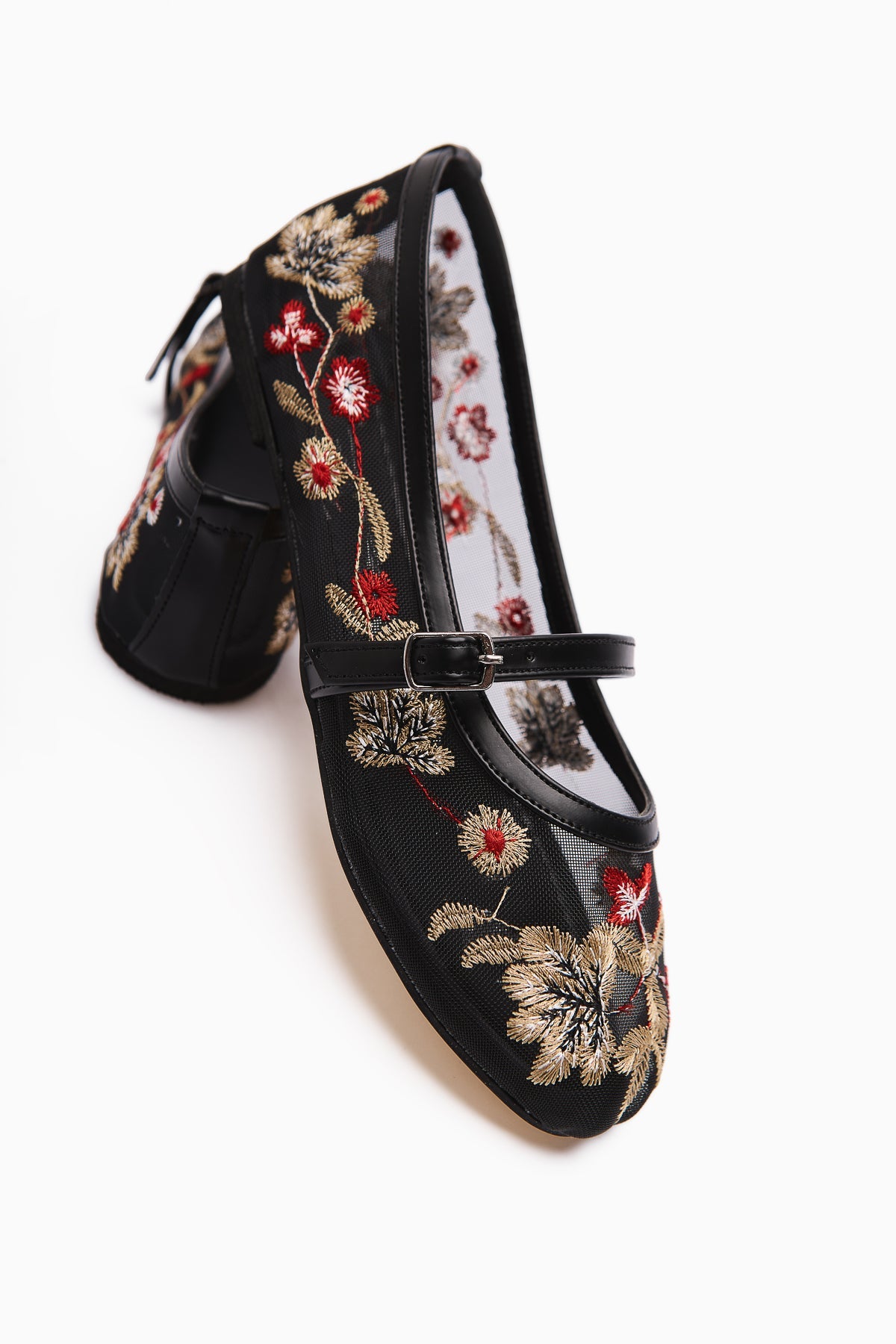 Jolin Black Ballet Flat with Embroidery and Buckle Detail