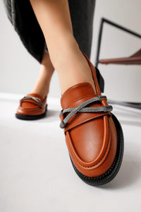 Evina – Cognac Stone-Detail Buckle-Detail Loafer (Women)