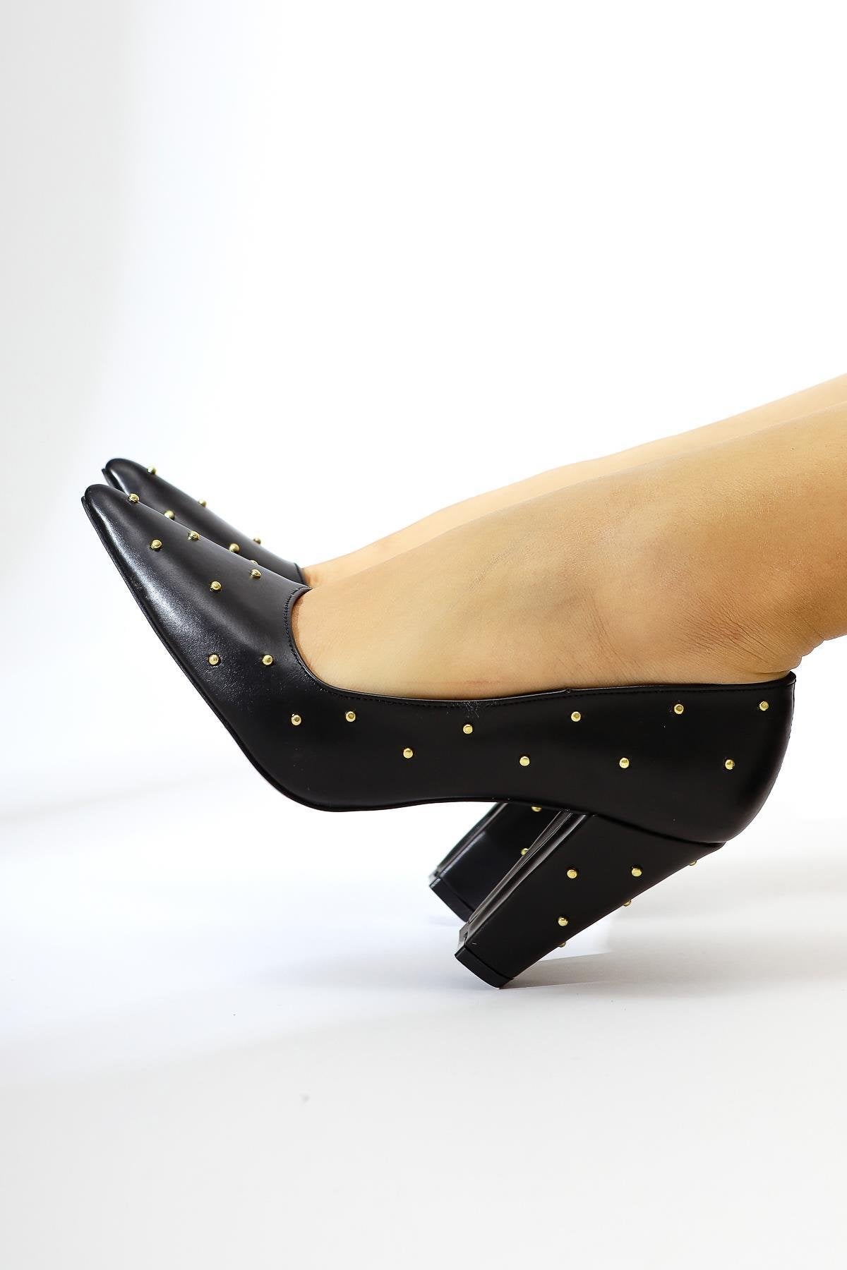 Audrey Black Pointed-Toe Studded Detail Heels