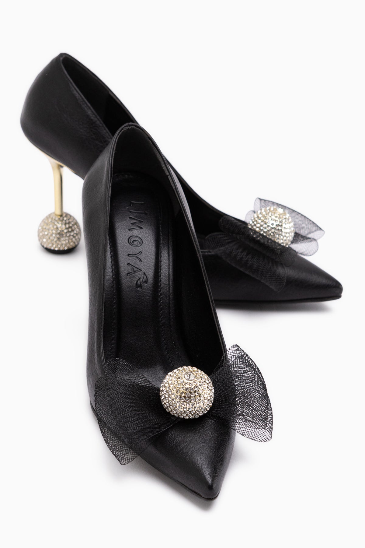 Partile Black Disco Ball Detailed Tulle Bow Stiletto