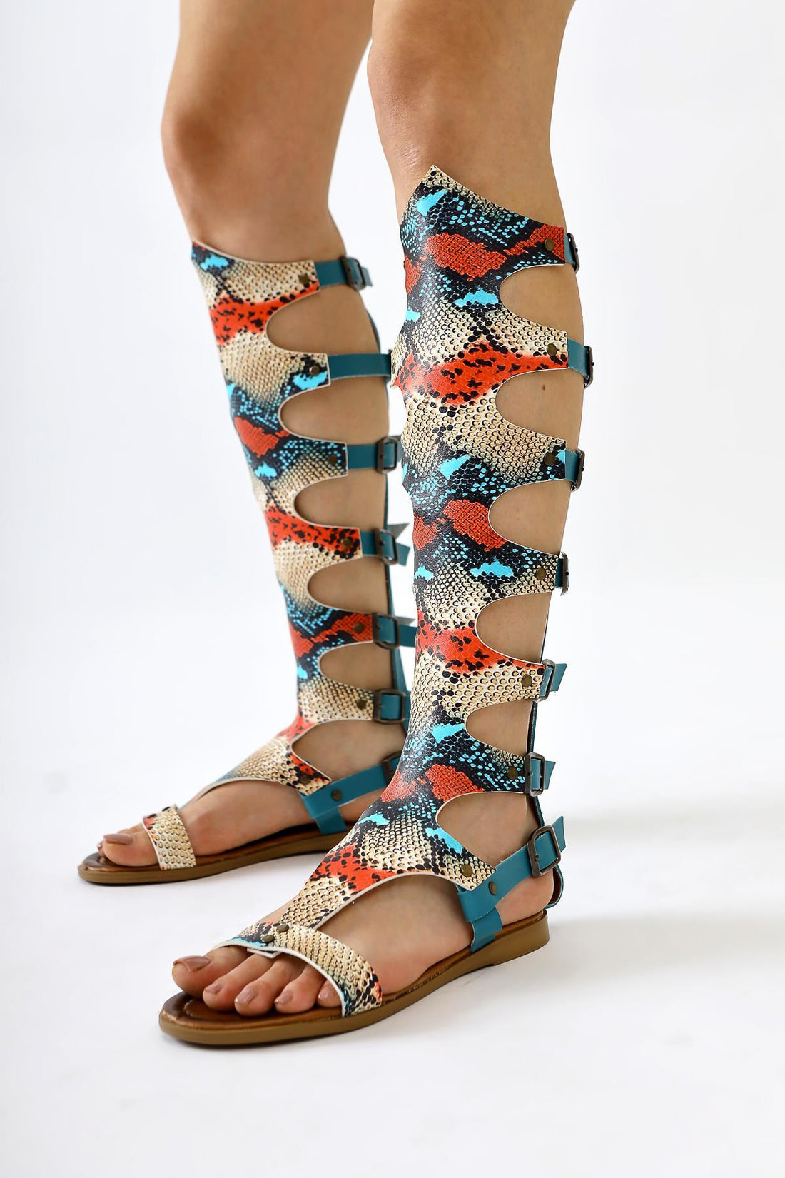 Lilith Genuine Leather Turquoise Snake Skin Patterned Knee-High Gladiator Sandal