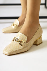 Bee – Nude Croc-Print Leather-Look Buckle-Detail Round-Toe Casual Shoe (Women)