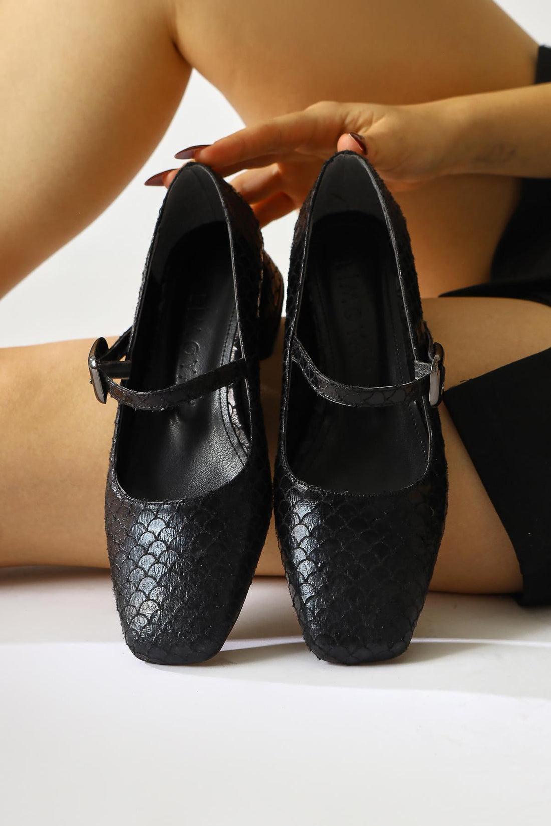 Abby Black Fish Scale Textured Square Toe Buckle Detail Everyday Shoe