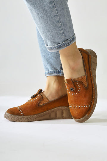 Bethina – Cognac Suede Rivet-Detail Laser-Cut Ballet Flat (Women)