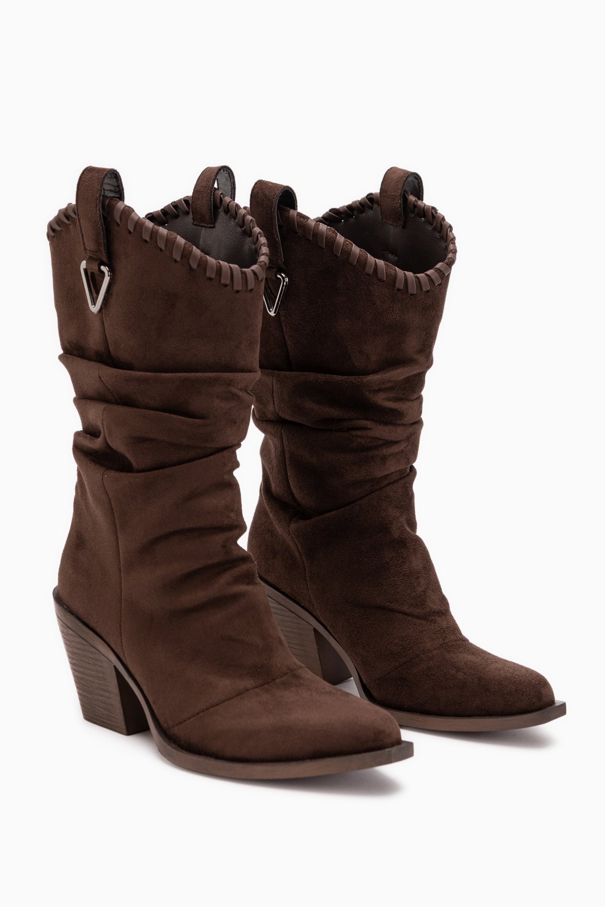 Reba Brown Suede Pleated Thick Heeled Women’s Long Cowboy Boots
