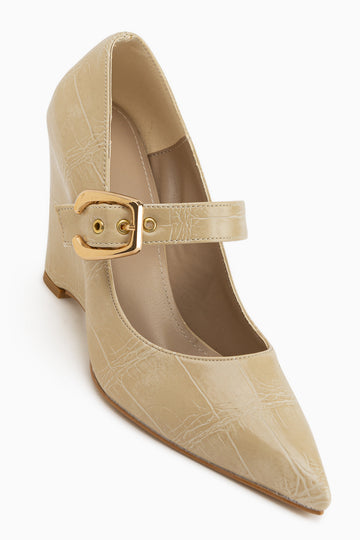 Jody Beige Buckle Detailed Pointed Toe Women’s Heeled Shoes