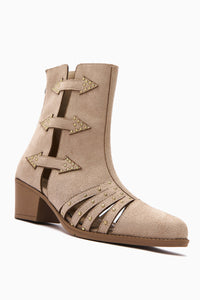 Mayra Women's Beige Suede Western Summer Boots with Buckle and Rear Zipper