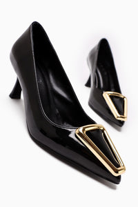 Carla Beige Patent Pointed Toe Buckle Detailed Women’s Heeled Shoes
