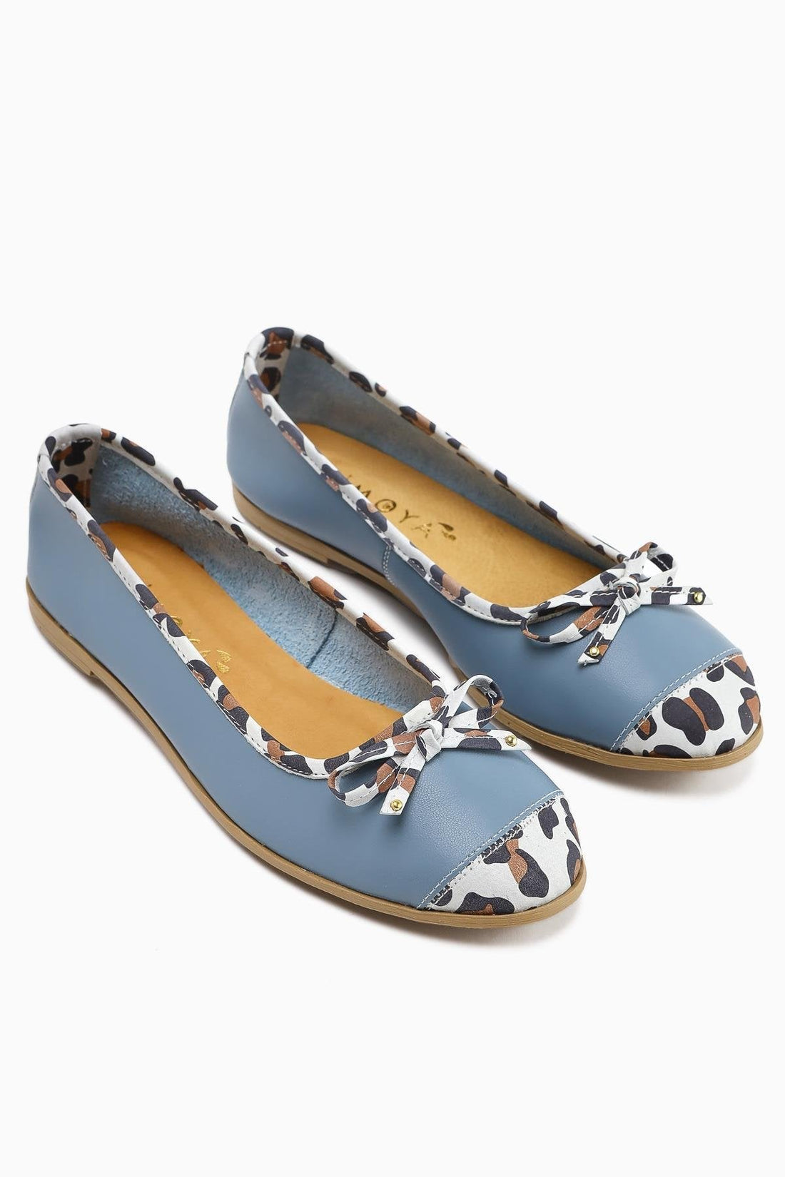 Alfreda Genuine Leather Blue Women's Ballet Flat with Bow and Leopard Detail