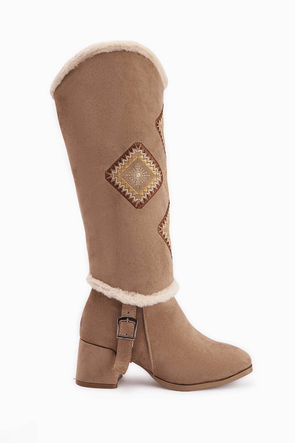 Hilka Beige Suede Removable Cuff Ethnic Patterned Women’s Boots