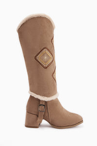 Hilka Beige Suede Removable Cuff Ethnic Patterned Women’s Boots