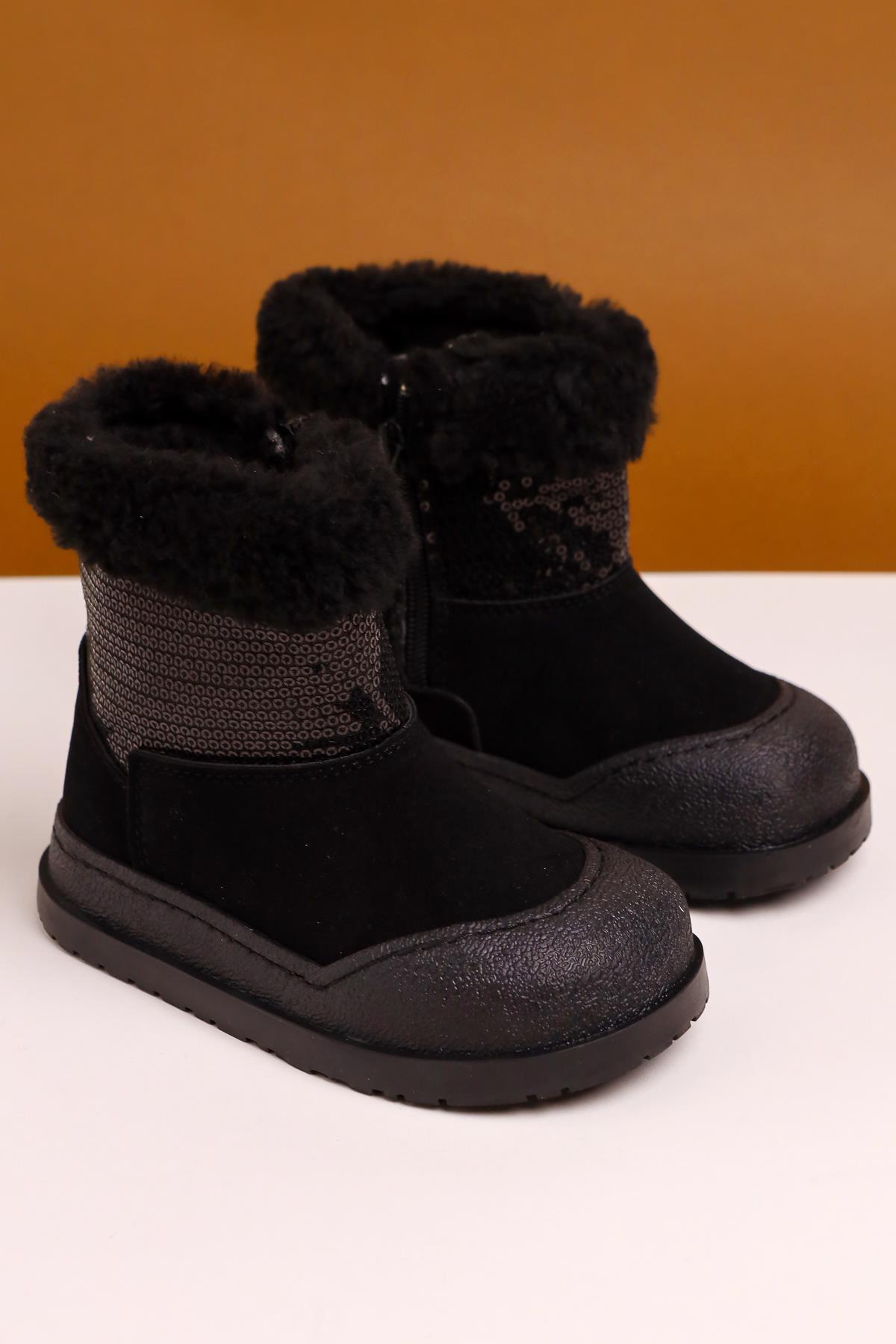 Hanne Black Suede Sequined Fur-Lined Kids' Boots