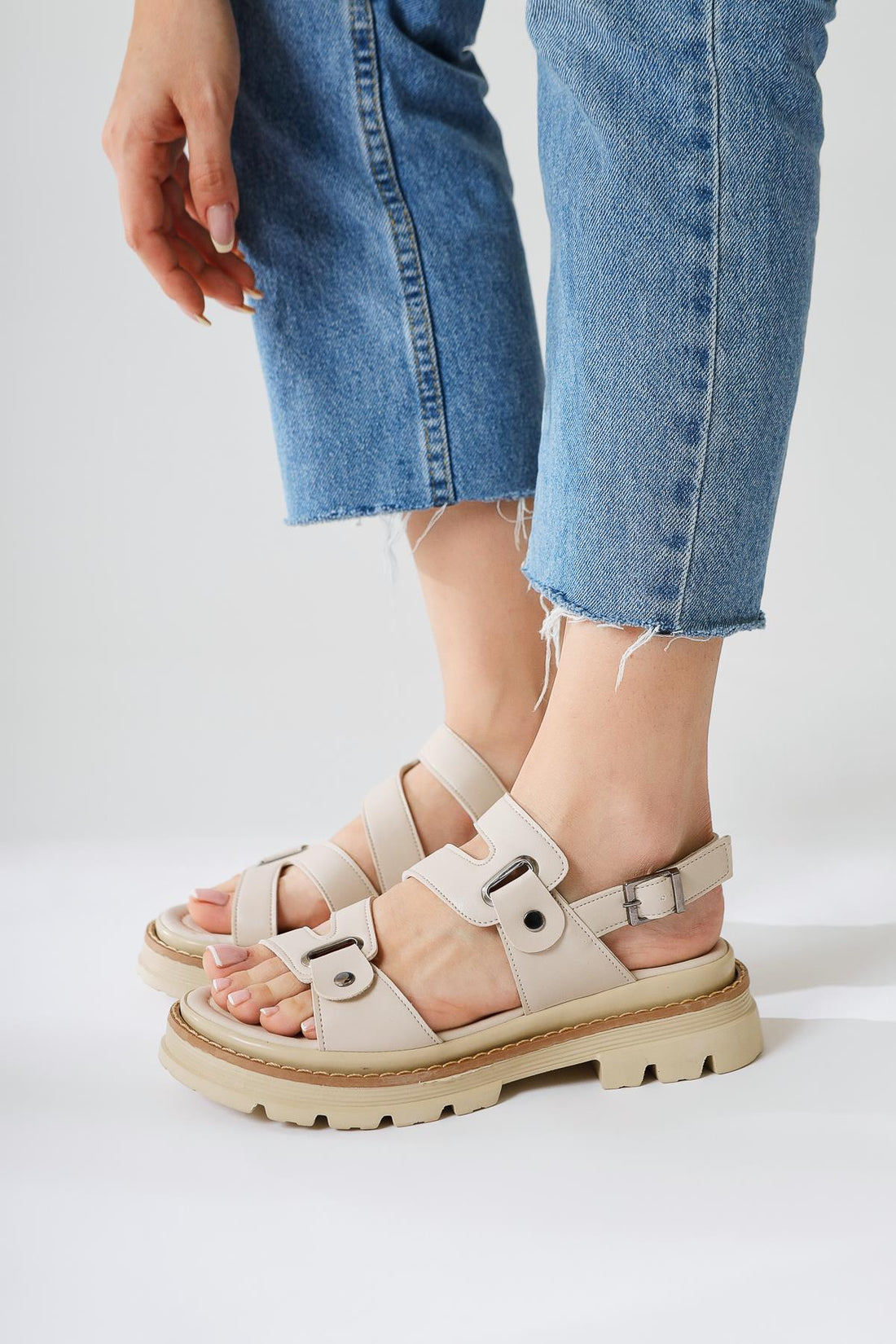 Aima Beige Studded Buckle Detail Stitched Sandal