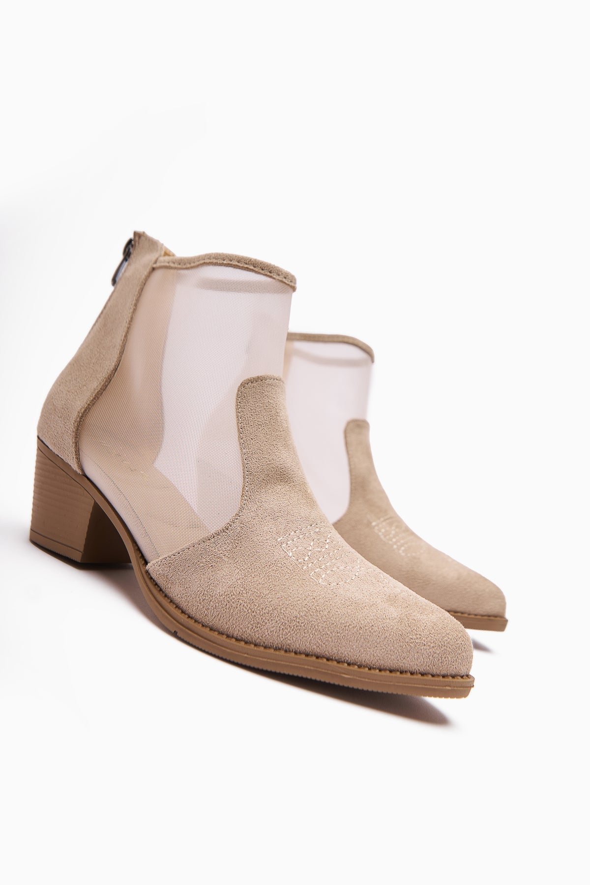 Mari Beige Suede Embroidered Chunky Heel Women's Western Summer Boot