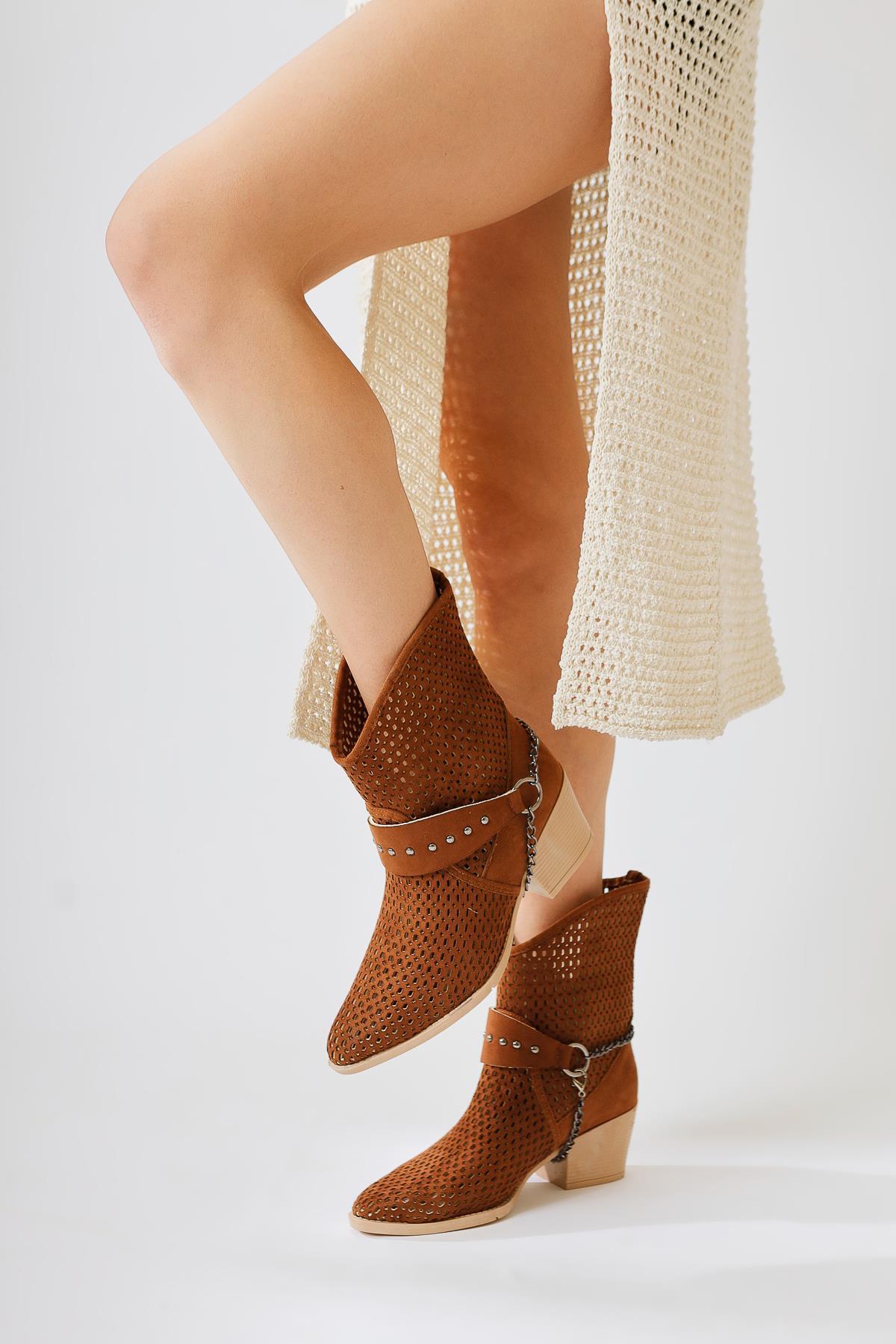 Olinda - Cognac Suede Laser-Cut Pointed-Toe Chain-Detail Summer Western Boot (Women)