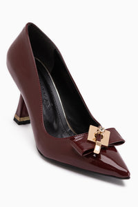 Mimosa Burgundy Patent Leather Pointed Toe Single Stone Buckle Detailed Women’s Heeled Shoes