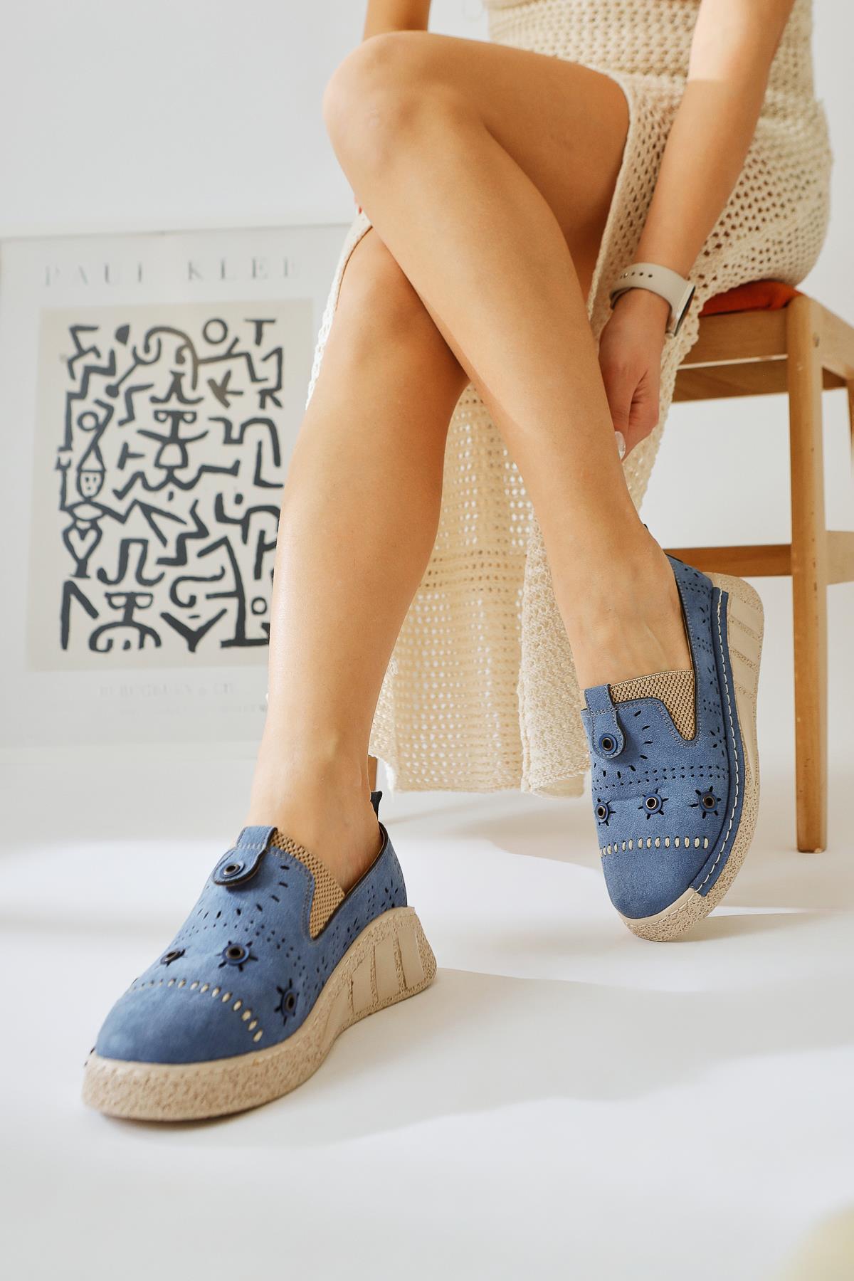 Bethina Blue Suede Studded Laser Cut Flat