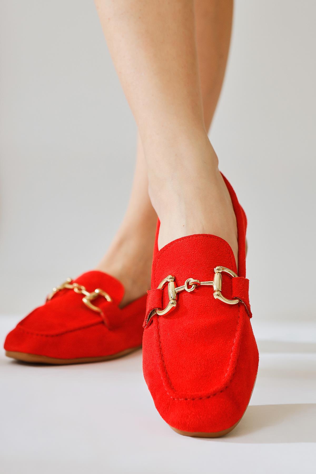 Shirly Red Suede Buckle Detailed Casual Shoes