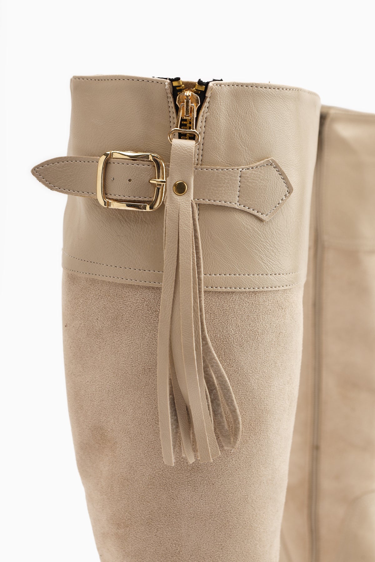 Galia – Beige Suede Buckle Knee-High Boot (Women)