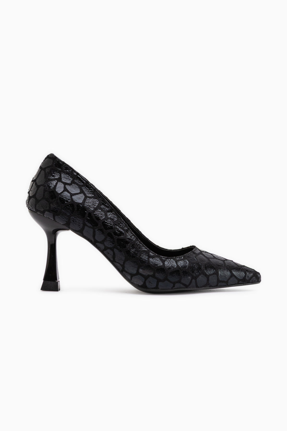 Celestine Black Fish Scale Textured Pointed Toe Stiletto