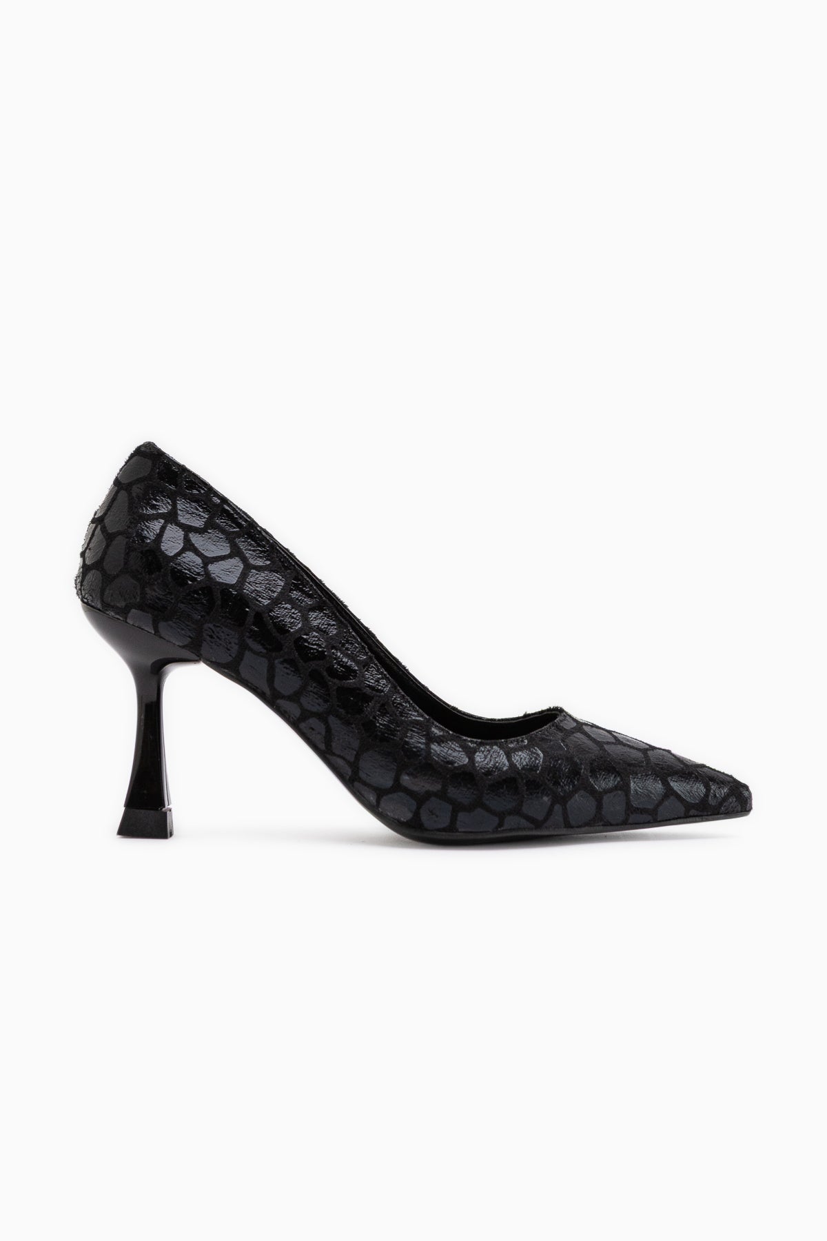 Celestine Black Fish Scale Textured Pointed Toe Stiletto