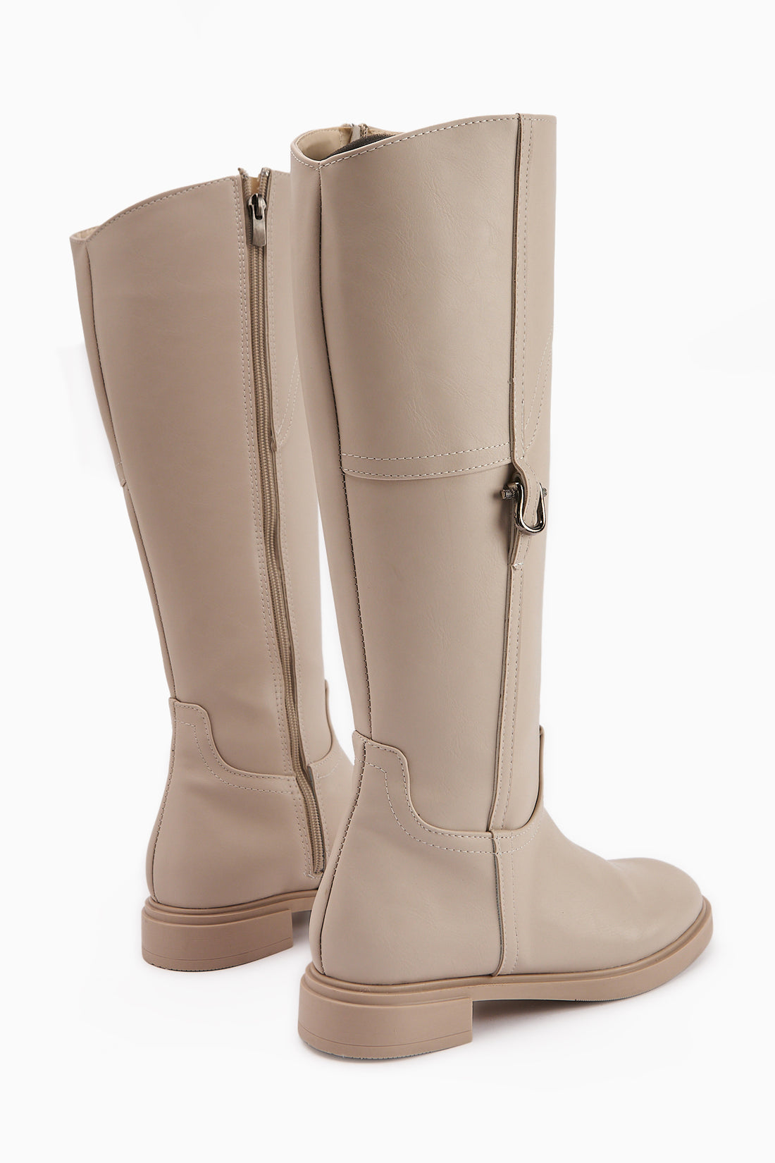Caterine Beige Buckle Detailed Short Heeled Boots