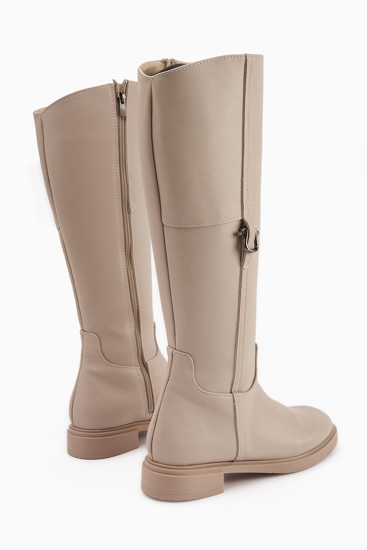 Caterine Beige Buckle Detailed Short Heeled Boots