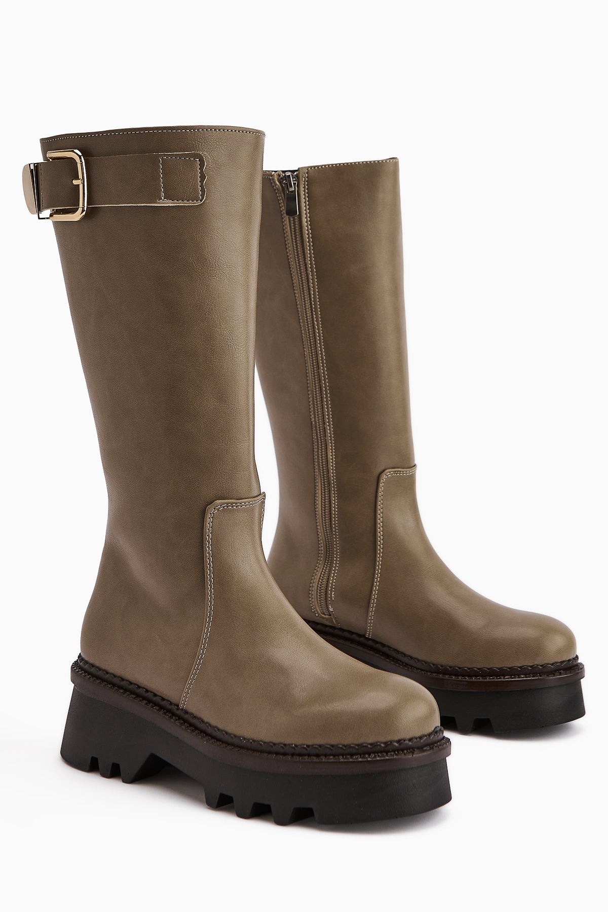Hely – Taupe Buckle-Detail Platform Knee-High Boot (Women)