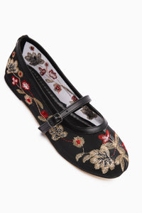 Jolin Black Ballet Flat with Embroidery and Buckle Detail