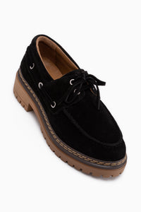 Matina Genuine Leather Black Suede Lace-Up Thick Sole Women’s Loafer Shoes